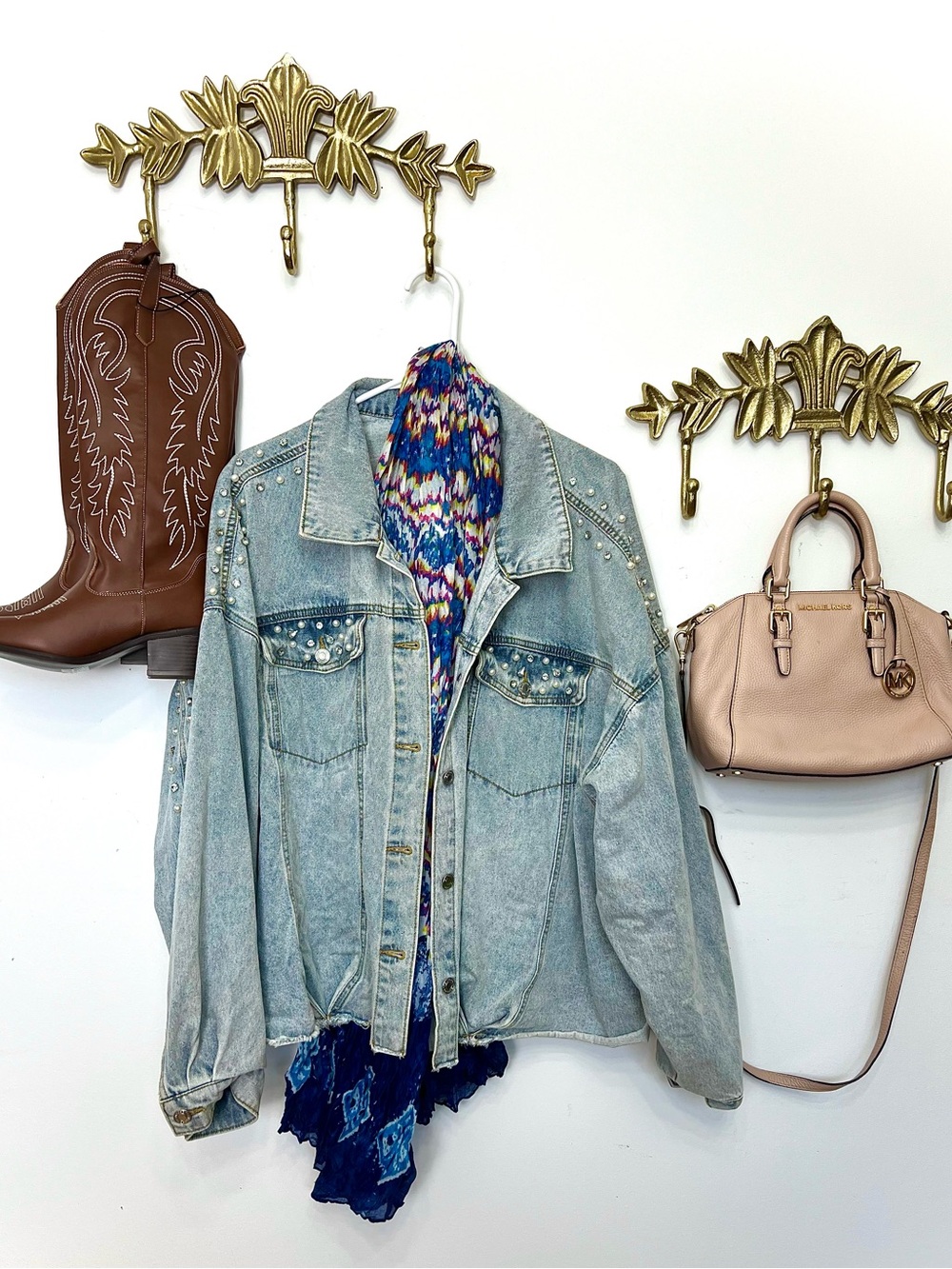 Stunning crystal beaded acid wash denim jacket 1X